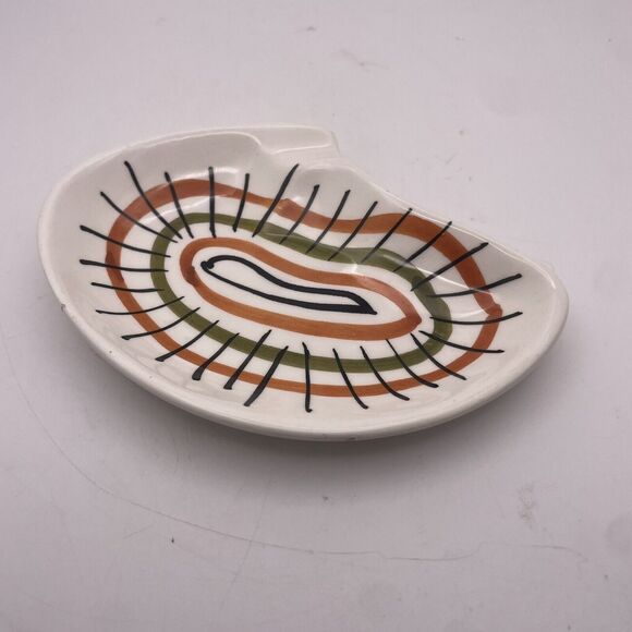 Pair MCM Ceramic Atomic Boomerang Ashtrays Trinket Trays Hand Painted Numbered - Picture 6 of 10